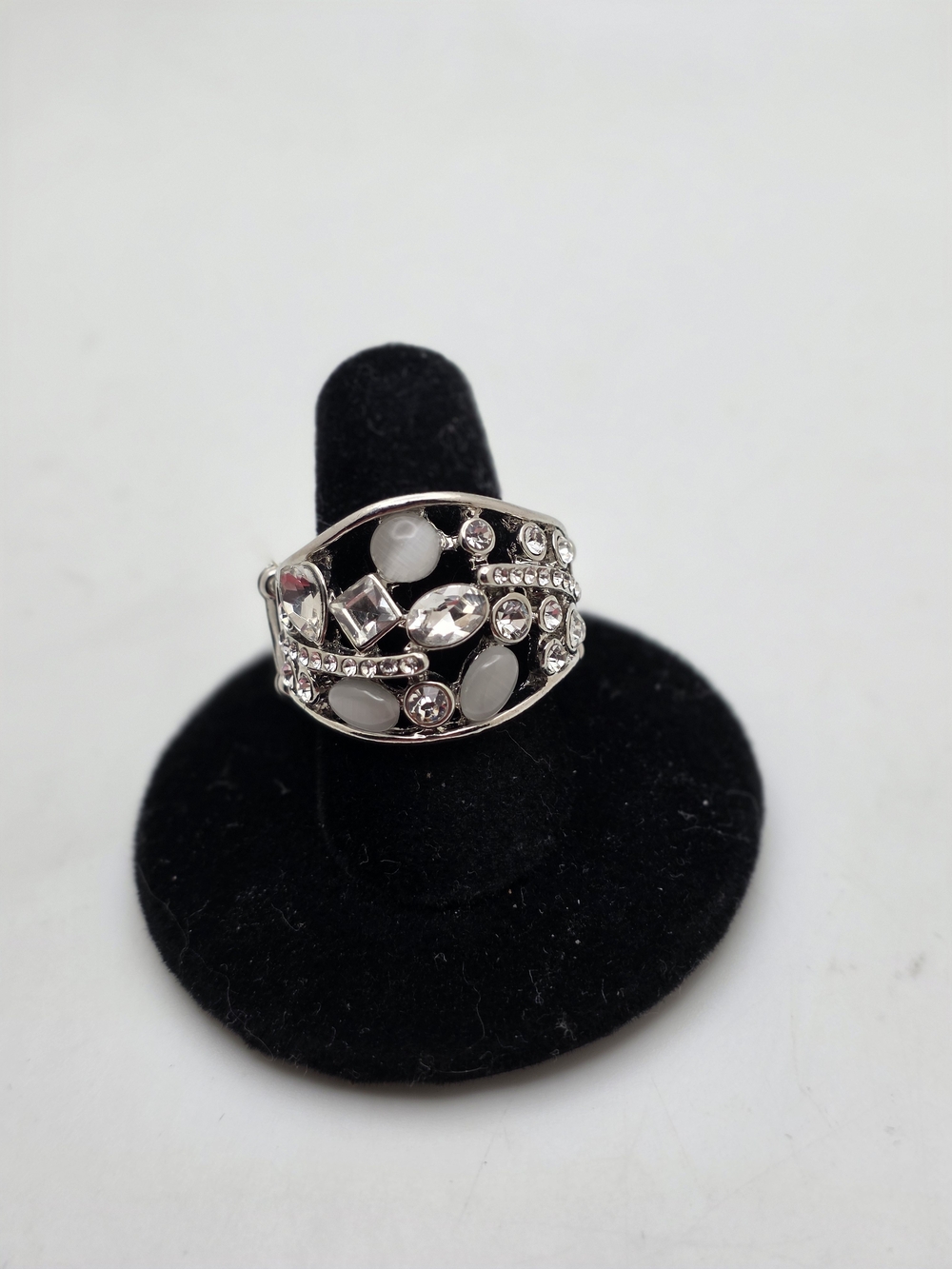 Silver Crystal Accent Ring with White Cabochons